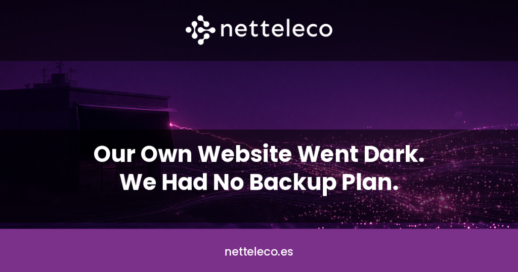 Darkened building with one fiber-optic thread going dark among a network that keeps glowing - Netteleco connection outage illustration