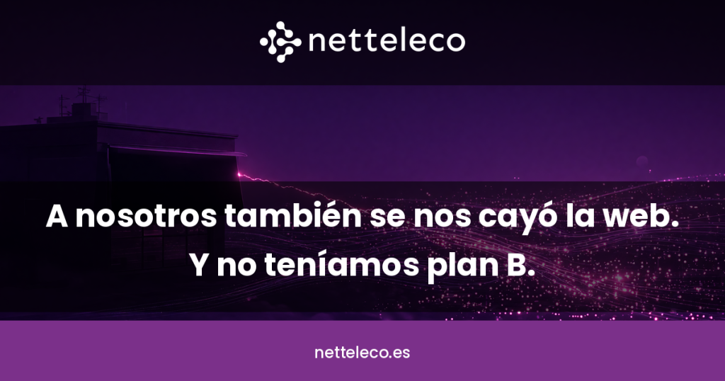 Edificio a oscuras con un hilo de fibra óptica apagándose entre una red que sigue brillando - ilustración de caída de conexión Netteleco