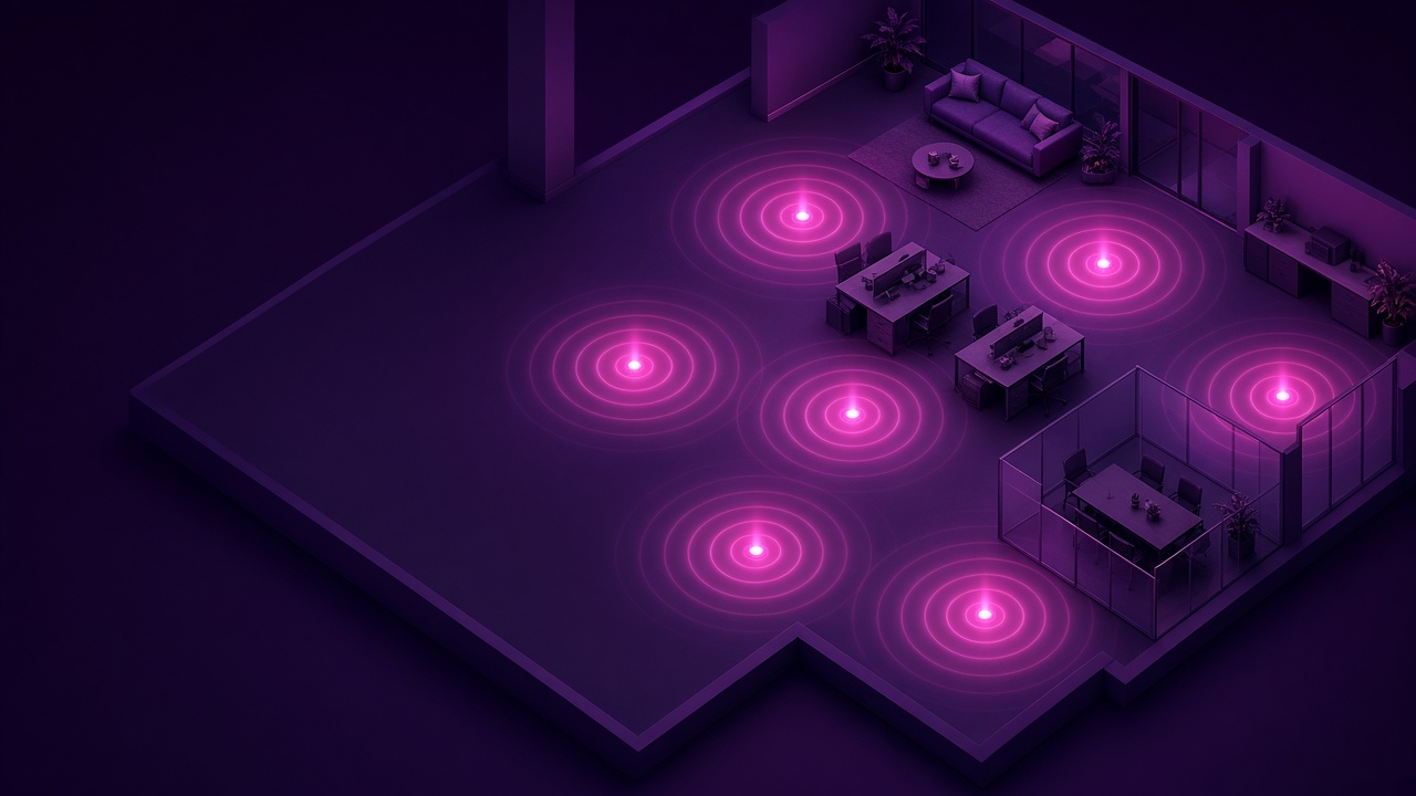 Plano de oficina con puntos de acceso WiFi profesionales y cobertura uniforme